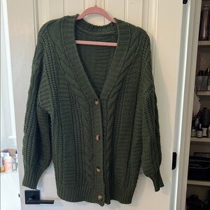 SHEIN Green Cardigan Sweater with V-Neck and Full Sleeves
